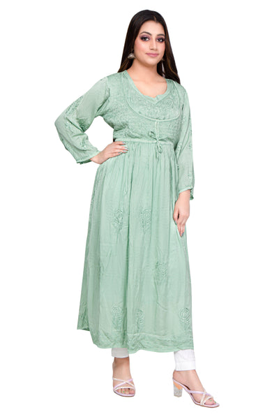 Almas Lifestyle Lucknowi Chikankari Green Modal Koti Style Long Gown - Almas Lifestyle