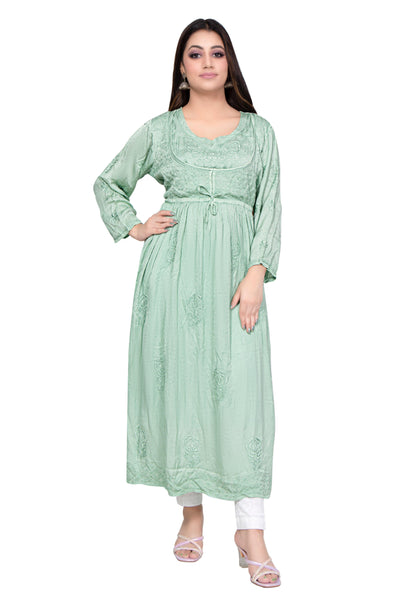 Almas Lifestyle Lucknowi Chikankari Green Modal Koti Style Long Gown - Almas Lifestyle