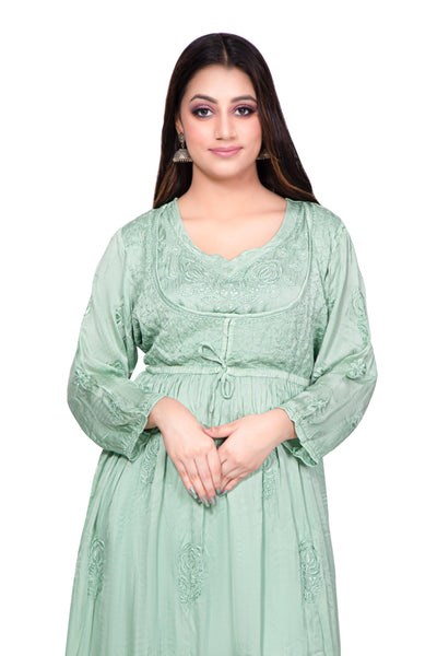 Almas Lifestyle Lucknowi Chikankari Green Modal Koti Style Long Gown - Almas Lifestyle